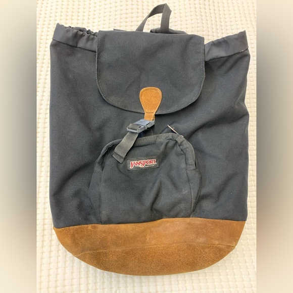 Vintage Jansport Top Load Drawstring Backpack  Suede Leather Bottom - Picture 1 of 13
